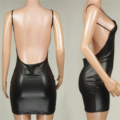 Sexy Faux Leather Dress Backless Club Party Short Dress Solid Black Wet Look Latex Bodycon Push Up Bra Mini Micro Dress 4